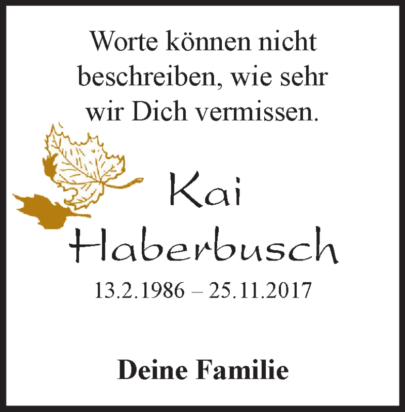  Traueranzeige für Kai Haberbusch vom 13.02.2019 aus Heidenheimer Zeitung