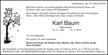 Traueranzeige von Karl Baum von Heidenheimer Zeitung
