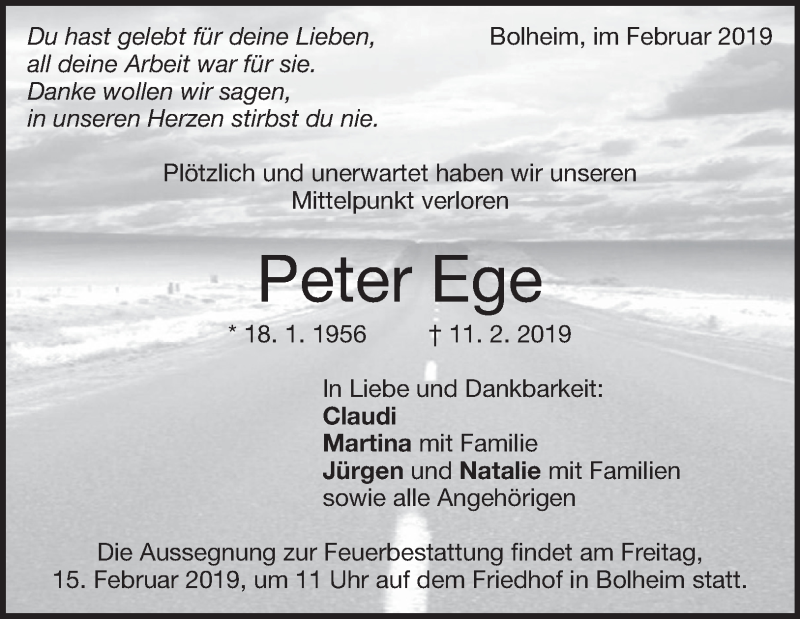  Traueranzeige für Peter Ege vom 13.02.2019 aus Heidenheimer Zeitung