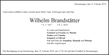 Traueranzeige von Wilhelm Brandstätter von Heidenheimer Zeitung