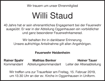 Traueranzeige von Willi Staud von Heidenheimer Zeitung