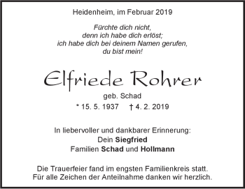 Traueranzeige von Elfriede Rohrer von Heidenheimer Zeitung