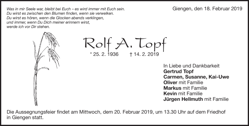  Traueranzeige für Rolf A. Topf vom 18.02.2019 aus Heidenheimer Zeitung