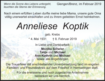 Traueranzeige von Anneliese Koptik von Heidenheimer Zeitung