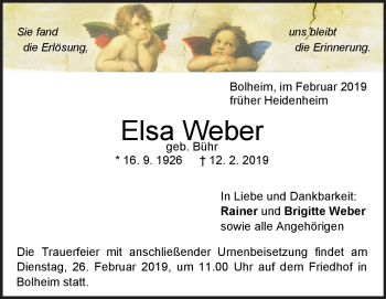 Traueranzeige von Elsa Weber von Heidenheimer Zeitung