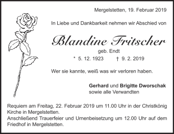 Traueranzeige von Blandine Fritscher von Heidenheimer Zeitung