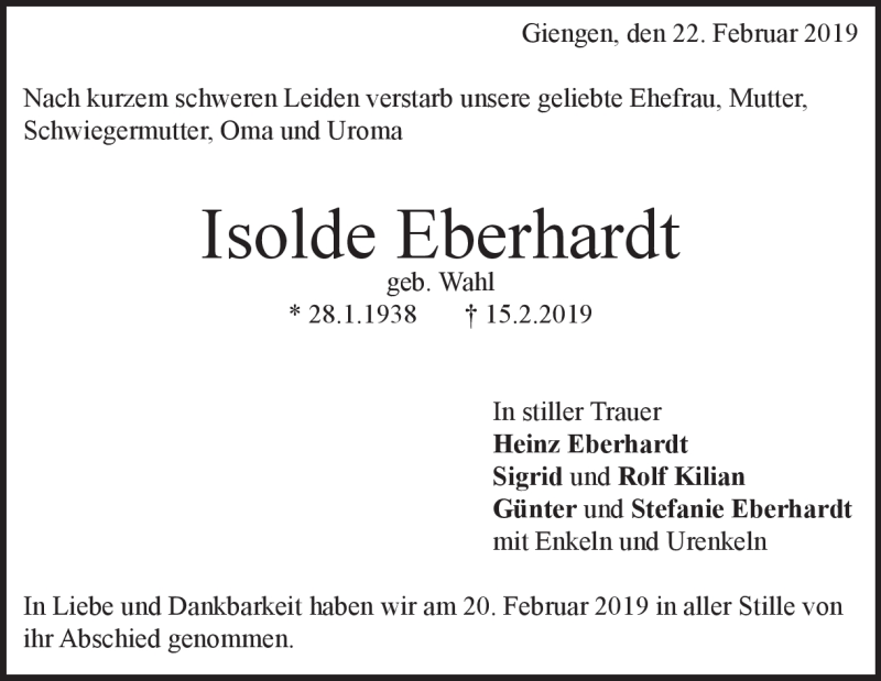  Traueranzeige für Isolde Eberhardt vom 22.02.2019 aus Heidenheimer Zeitung