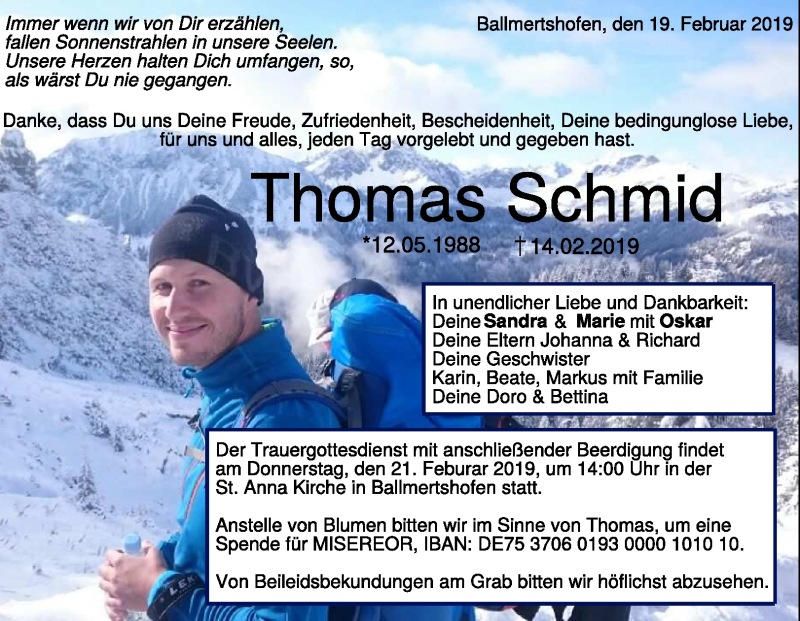  Traueranzeige für Thomas Schmid vom 19.02.2019 aus 