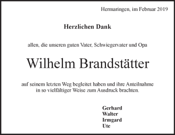 Traueranzeige von Wilhelm Brandstätter von Heidenheimer Zeitung