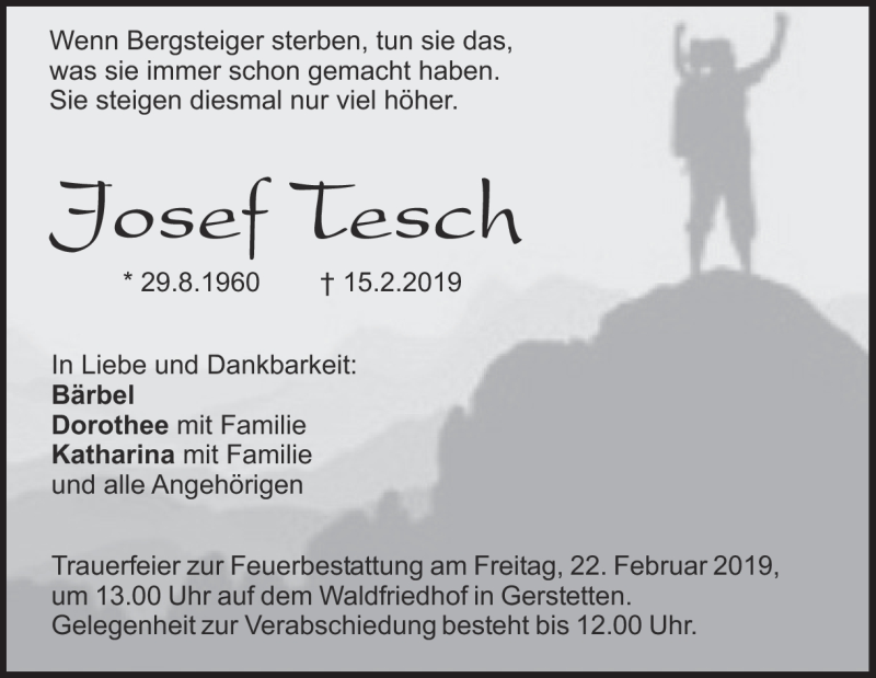  Traueranzeige für Josef Tesch vom 19.02.2019 aus Heidenheimer Zeitung