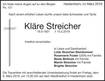 Traueranzeige von Kläre Streicher von Heidenheimer Zeitung