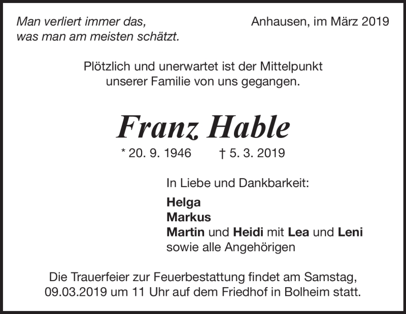  Traueranzeige für Franz Hable vom 07.03.2019 aus Heidenheimer Zeitung