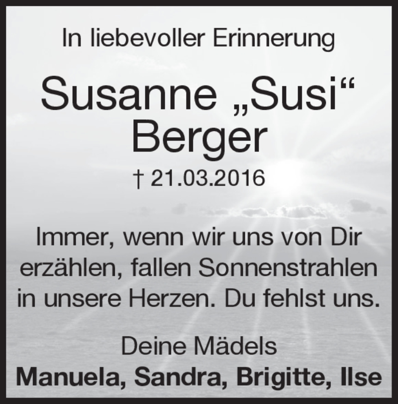  Traueranzeige für Susanne Berger vom 21.03.2019 aus Heidenheimer Zeitung