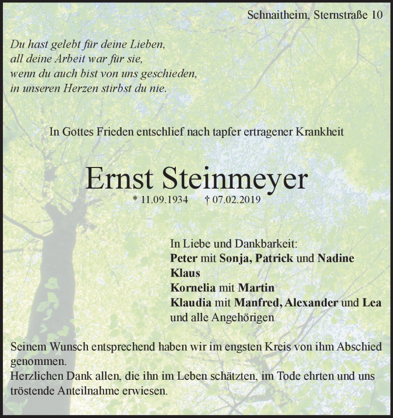  Traueranzeige für Ernst Steinmeyer vom 02.03.2019 aus Heidenheimer Zeitung