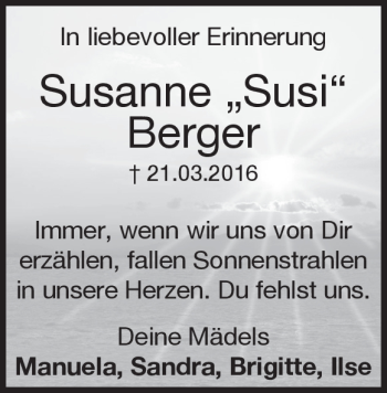 Traueranzeige von Susanne Berger von Heidenheimer Zeitung