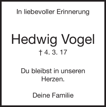 Traueranzeige von Hedwig Vogel von Heidenheimer Zeitung