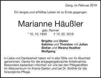 Traueranzeige von Marianne Häußler von Heidenheimer Zeitung