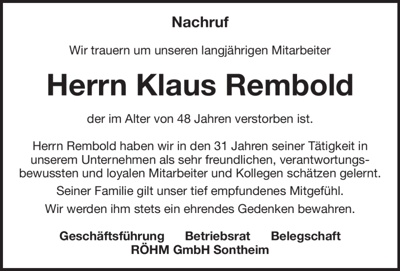 Traueranzeige für Klaus Rembold vom 15.03.2019 aus Heidenheimer Zeitung
