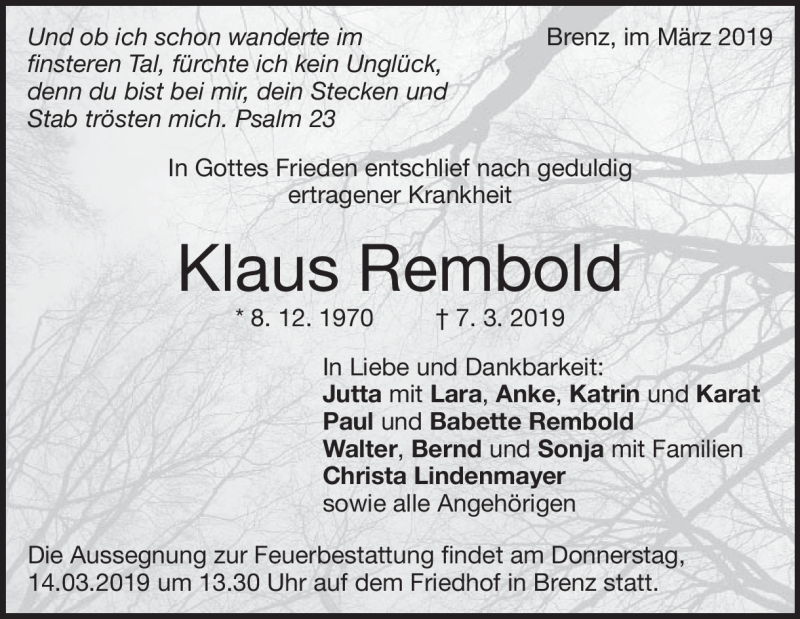  Traueranzeige für Klaus Rembold vom 12.03.2019 aus Heidenheimer Zeitung