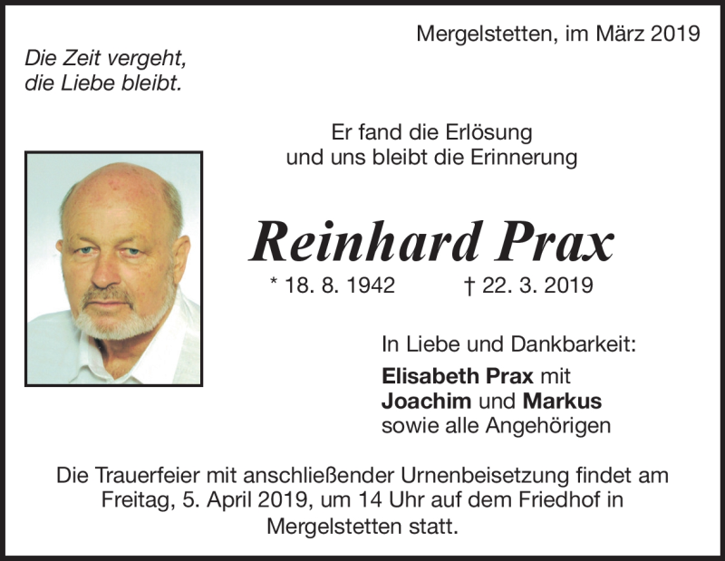  Traueranzeige für Reinhard Prax vom 30.03.2019 aus Heidenheimer Zeitung