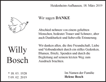 Traueranzeige von Willy Bosch von Heidenheimer Zeitung