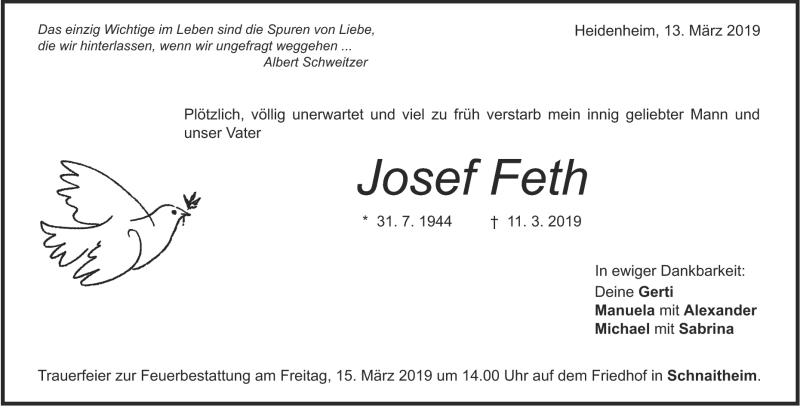  Traueranzeige für Josef Feth vom 13.03.2019 aus Heidenheimer Zeitung