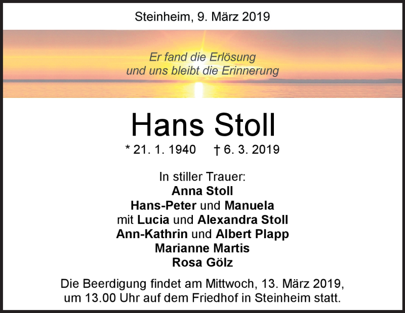  Traueranzeige für Hans Stoll vom 09.03.2019 aus Heidenheimer Zeitung