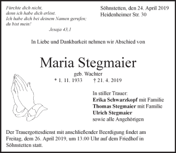 Traueranzeige von Maria Stegmaier von Heidenheimer Zeitung