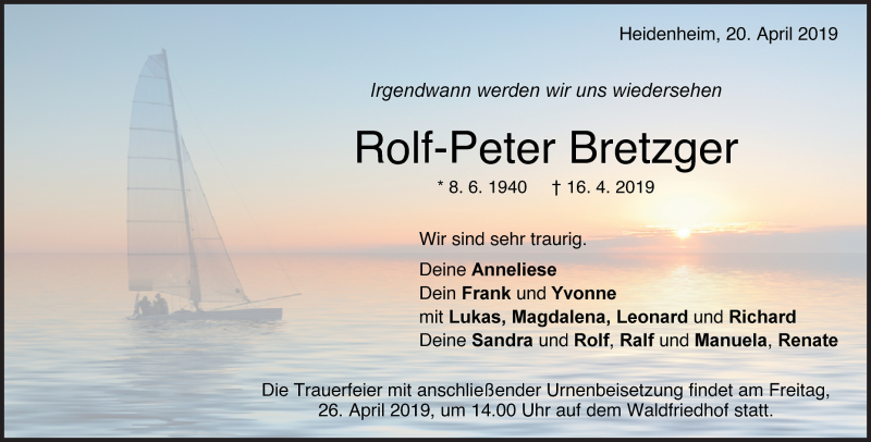  Traueranzeige für Rolf-Peter Bretzger vom 20.04.2019 aus Heidenheimer Zeitung