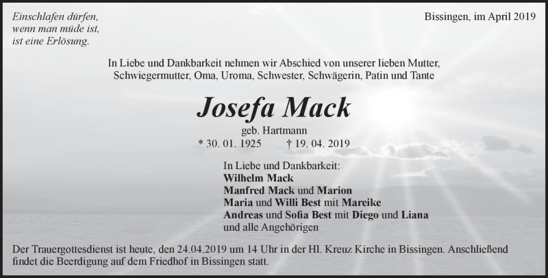  Traueranzeige für Josefa Mack vom 24.04.2019 aus Heidenheimer Zeitung