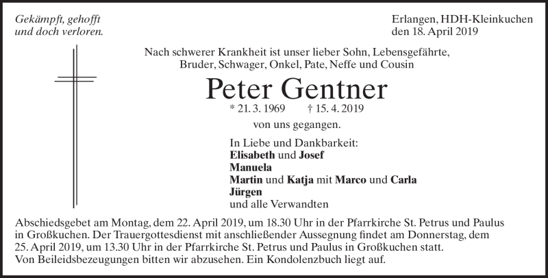  Traueranzeige für Peter Gentner vom 18.04.2019 aus Heidenheimer Zeitung