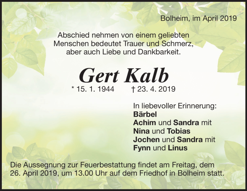  Traueranzeige für Gert Kalb vom 25.04.2019 aus Heidenheimer Zeitung