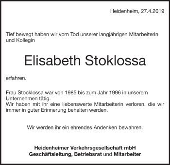 Traueranzeige von Elisabeth Stoklossa von Heidenheimer Zeitung
