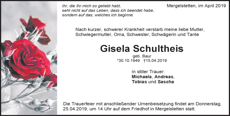  Traueranzeige für Gisela Schultheis vom 23.04.2019 aus Heidenheimer Zeitung