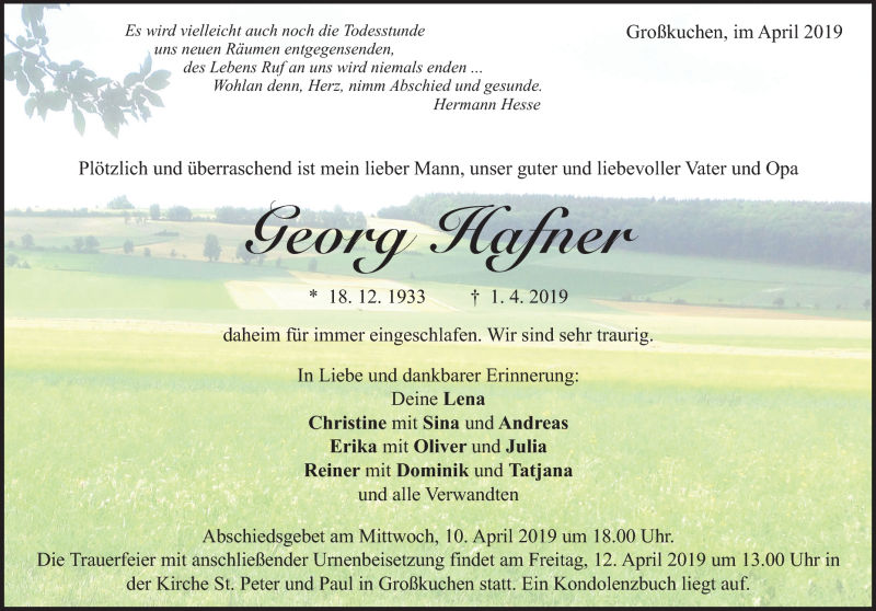  Traueranzeige für Georg Hafner vom 06.04.2019 aus Heidenheimer Zeitung