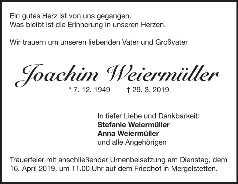  Traueranzeige für Joachim Weiermüller vom 12.04.2019 aus Heidenheimer Zeitung