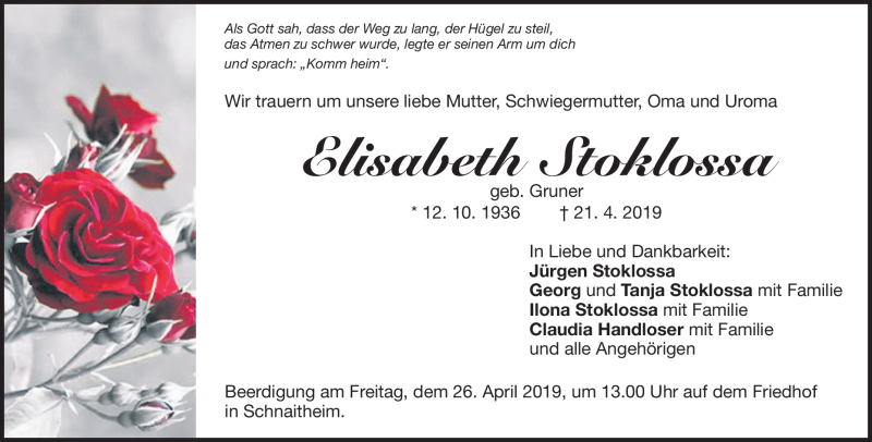  Traueranzeige für Elisabeth Stoklossa vom 24.04.2019 aus Heidenheimer Zeitung