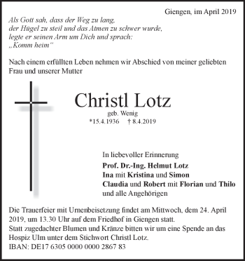 Traueranzeige von Christl Lotz von Heidenheimer Zeitung