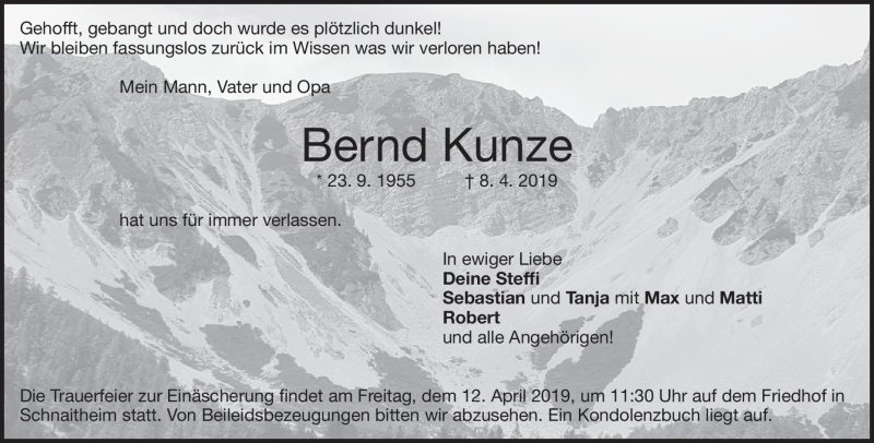  Traueranzeige für Bernd Kunze vom 10.04.2019 aus Heidenheimer Zeitung