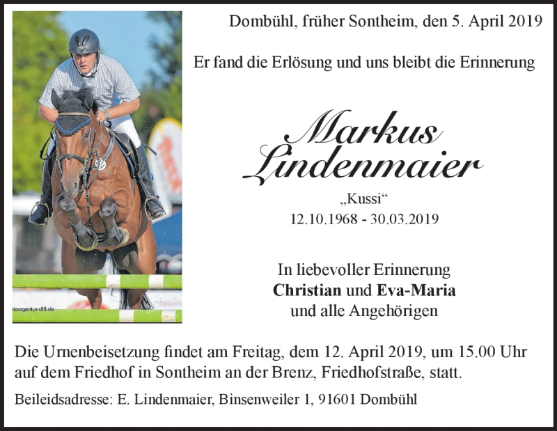  Traueranzeige für Markus Lindenmaier vom 05.04.2019 aus Heidenheimer Zeitung