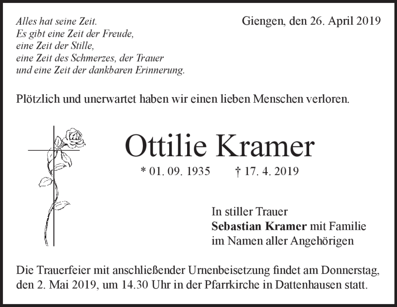  Traueranzeige für Ottilie Kramer vom 29.04.2019 aus Heidenheimer Zeitung