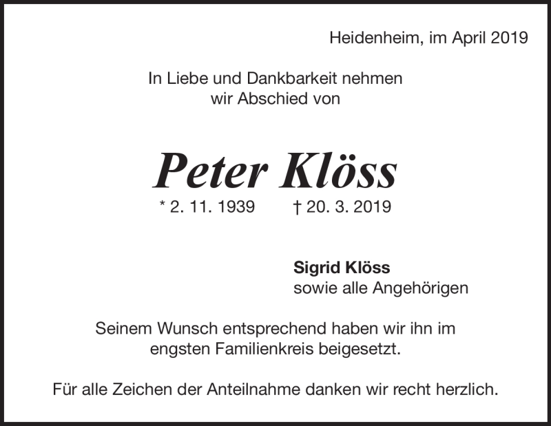  Traueranzeige für Peter Klöss vom 05.04.2019 aus Heidenheimer Zeitung