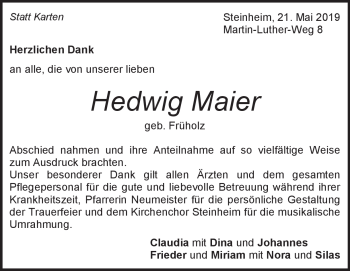Traueranzeige von Hedwig Maier von Heidenheimer Zeitung
