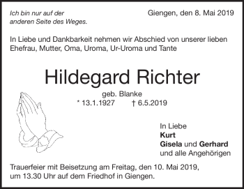 Traueranzeige von Hildegard Richter von Heidenheimer Zeitung