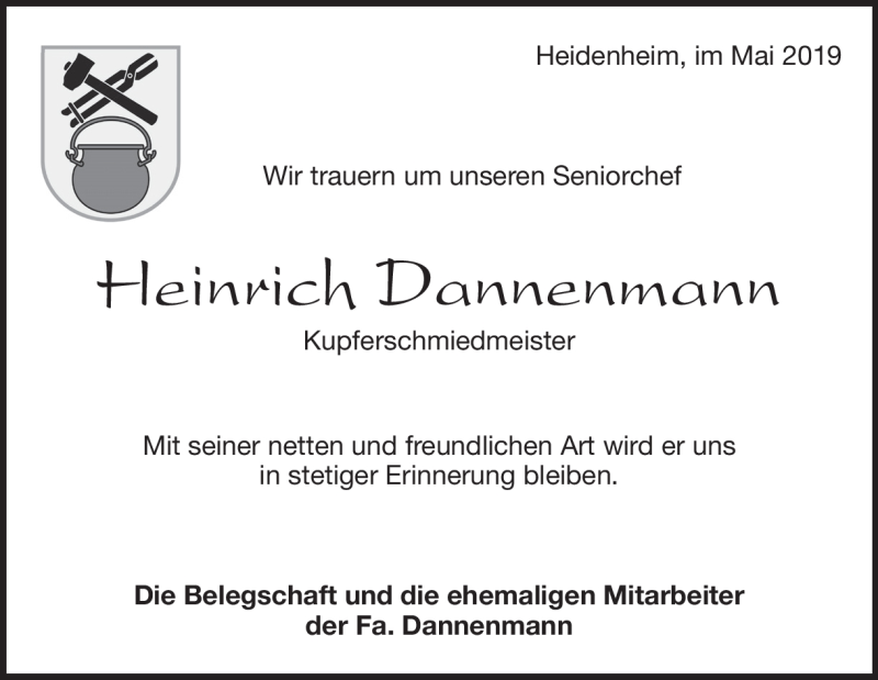  Traueranzeige für Heinrich Dannenmann vom 22.05.2019 aus Heidenheimer Zeitung