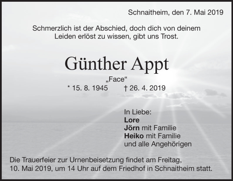  Traueranzeige für Günther Appt vom 07.05.2019 aus Heidenheimer Zeitung