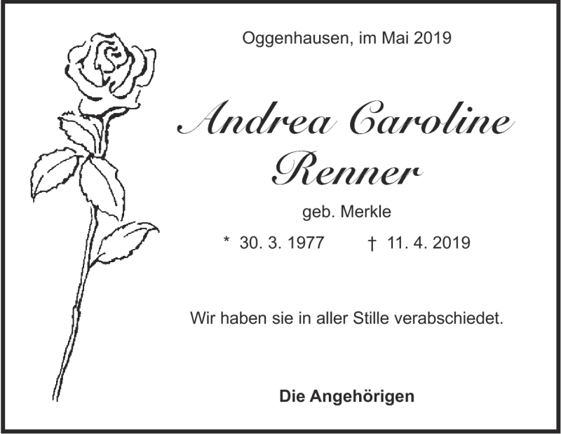  Traueranzeige für Andrea Caroline  Renner vom 08.05.2019 aus Heidenheimer Zeitung