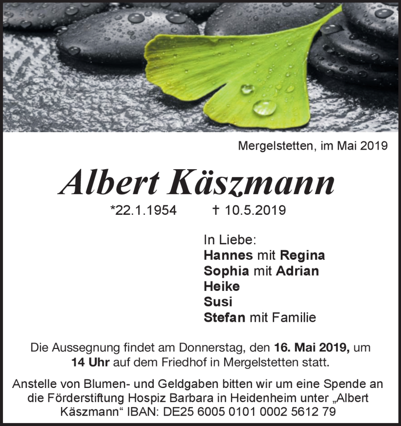  Traueranzeige für Albert Käszmann vom 14.05.2019 aus Heidenheimer Zeitung