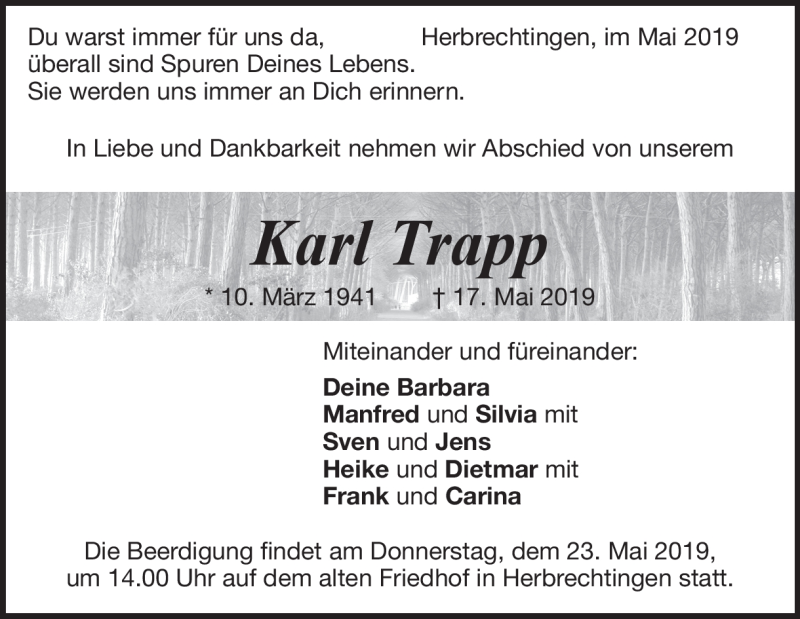  Traueranzeige für Karl Trapp vom 21.05.2019 aus Heidenheimer Zeitung