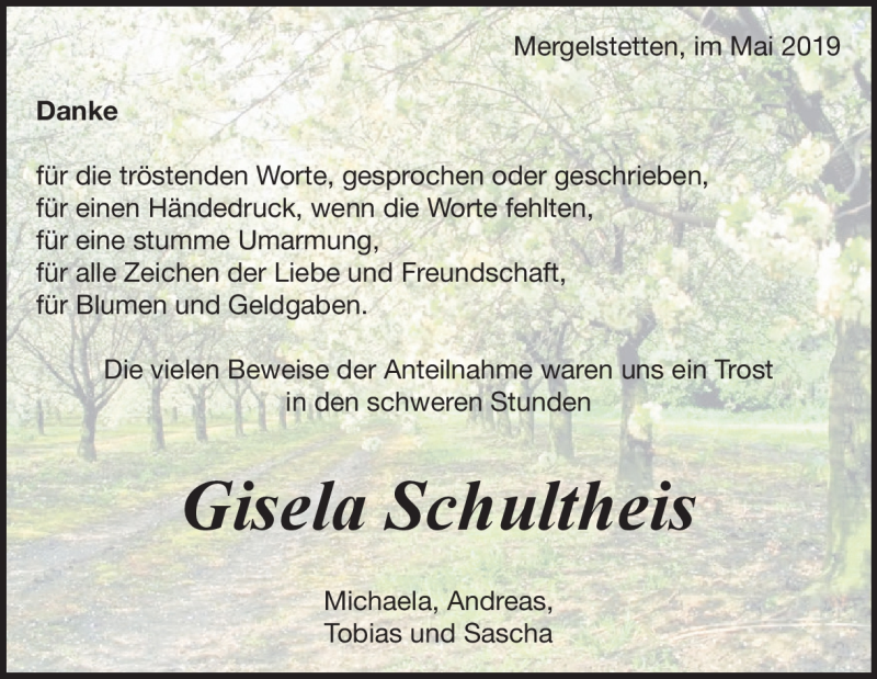  Traueranzeige für Gisela Schultheis vom 16.05.2019 aus Heidenheimer Zeitung